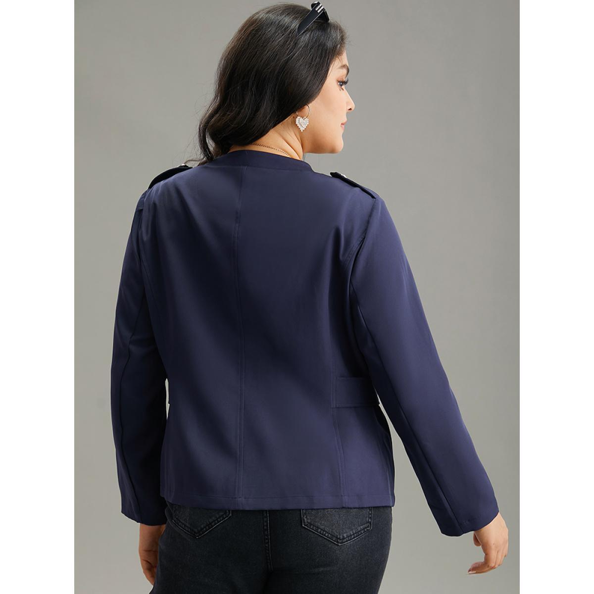 Plus Size Plain Button Detail Notched Zipper Blazer Indigo Women Office Plain Plain Sleeve Long Sleeve Notched collar 22-24/3X At the Office Blazers BloomChic Product Image