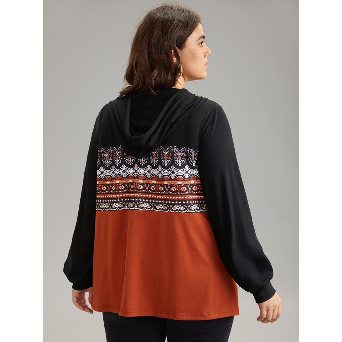 Plus Size Contrast Bandana Button Up Hooded T-shirt Multicolor Women Casual Contrast Bohemian Print Hooded Dailywear T-shirts BloomChic 10/M Product Image