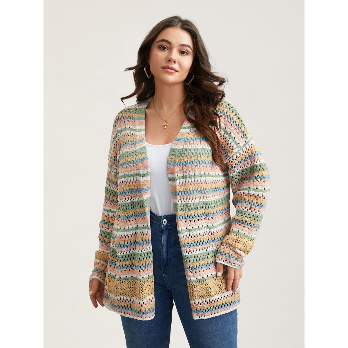 Plus Size Striped Color Contrast Cut-Out Cardigan Multicolor Women Casual Loose Long Sleeve Everyday Cardigans BloomChic 18-20/2X Product Image