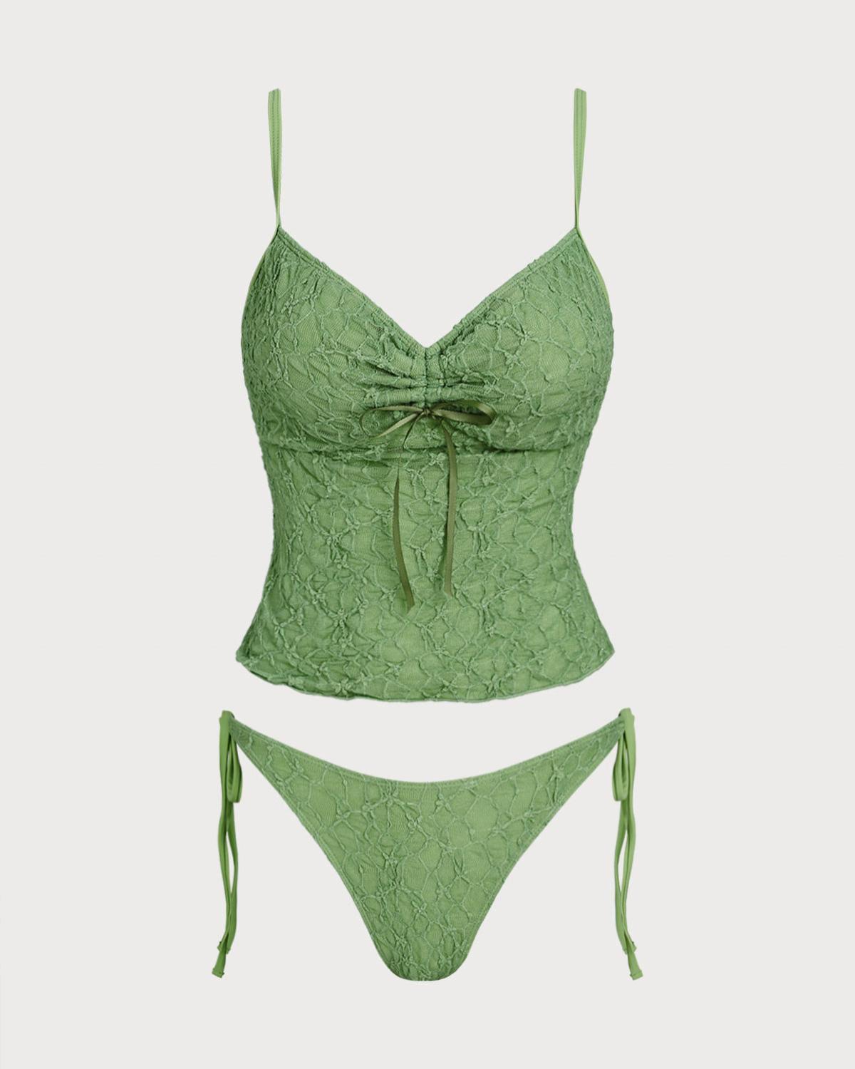 Green Lace Ruched Tankini Swimsuit Product Image