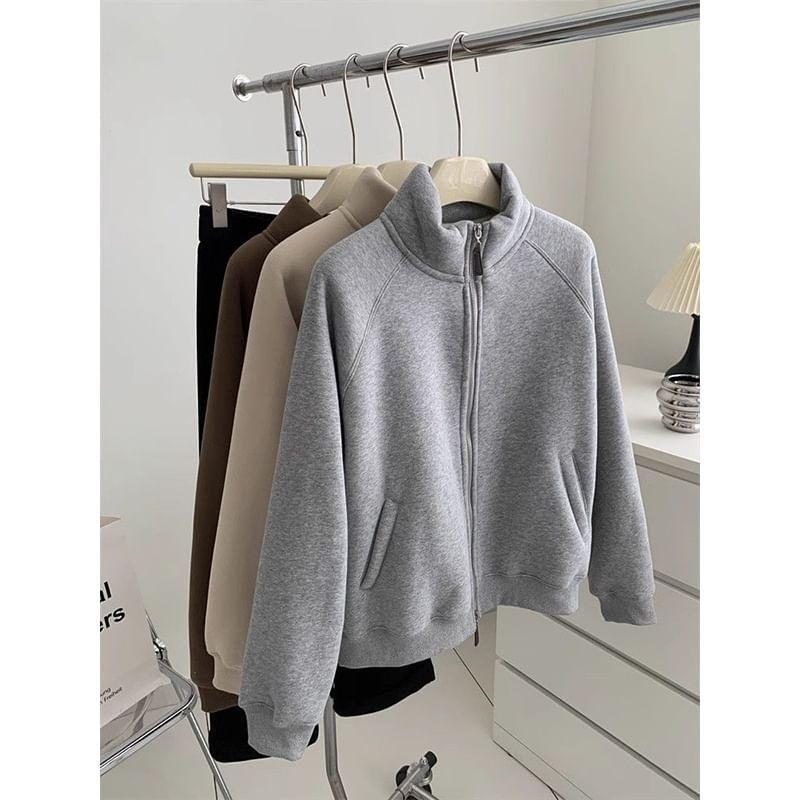 Stand Collar Plain Fleece Lined Zip Jacket Product Image