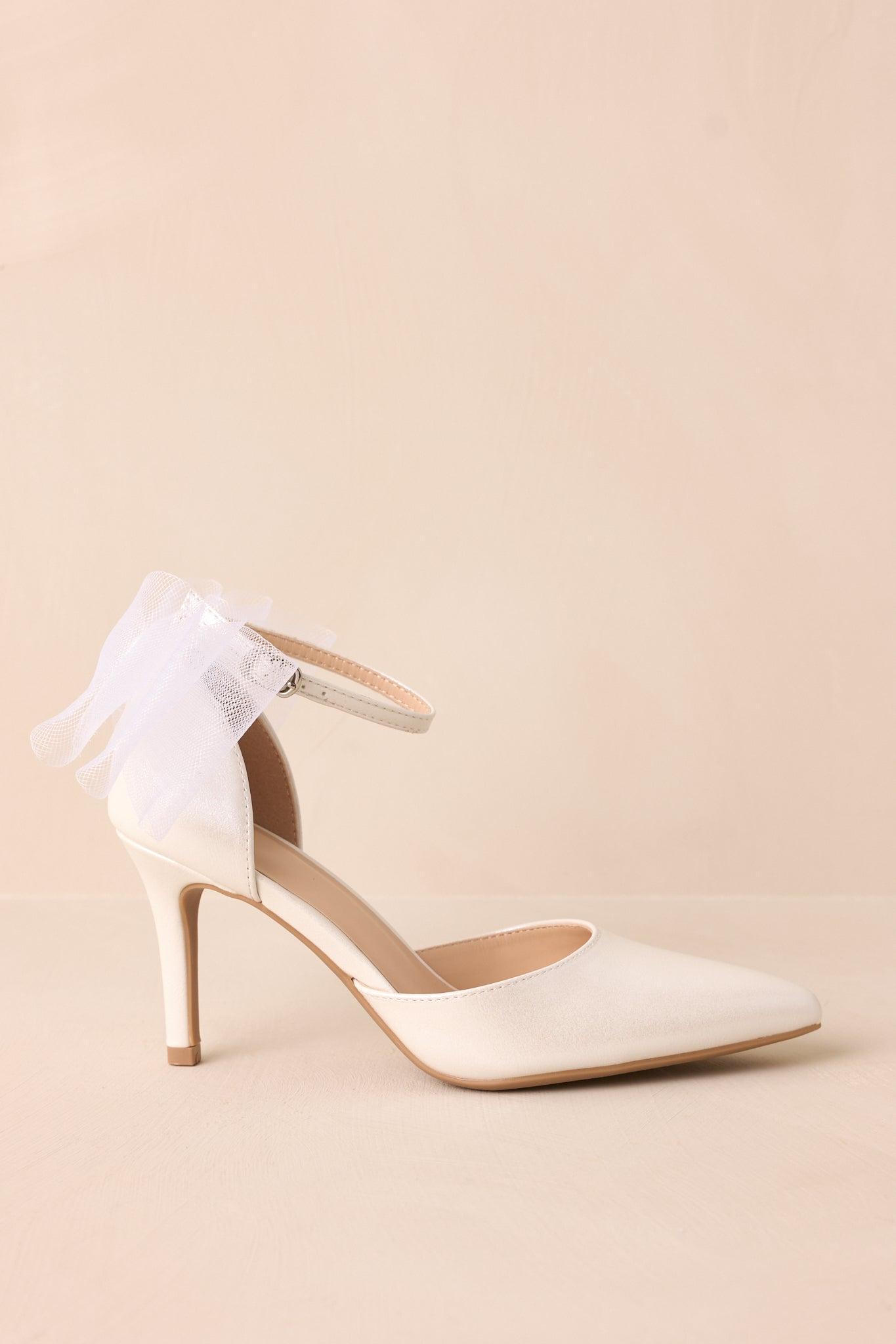Love At First Sight Ivory Pointed-Toe Bow Ankle Strap Heels Product Image