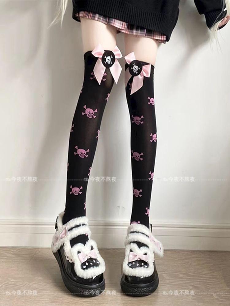 Skull Print Bow Over-the-Knee Socks Product Image