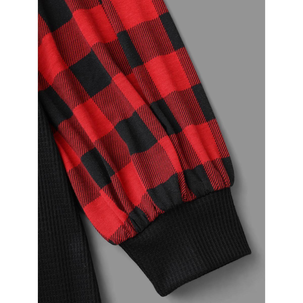 Plus Size V Neck Plaid Patchwork Contrast T-shirt Black Women Casual Contrast V-neck Everyday T-shirts BloomChic 30/6X Product Image