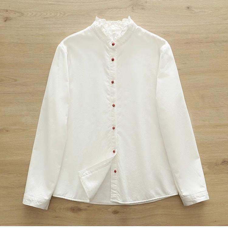 Puff-Sleeve Plain Ruffle Trim Button-Up Shirt Product Image