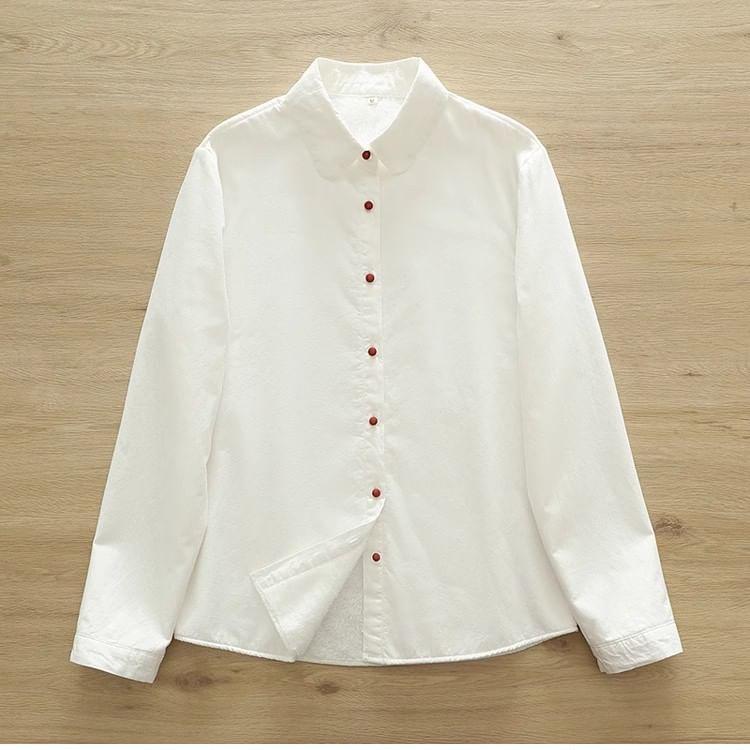 Puff-Sleeve Plain Ruffle Trim Button-Up Shirt Product Image