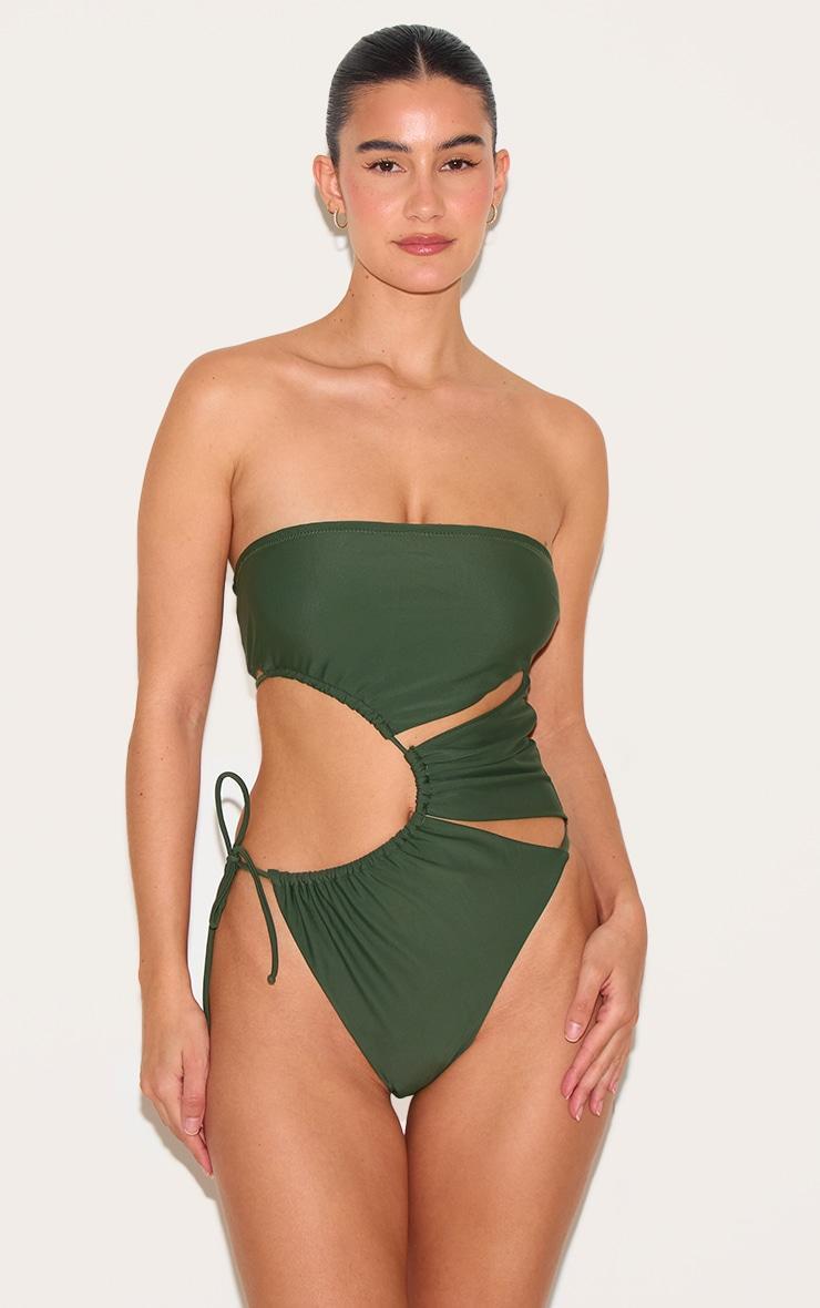 Khaki Bandeau Cut Out Tie Swimsuit Product Image