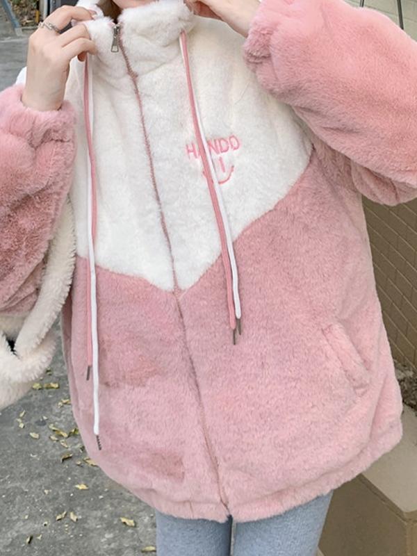 Contrast Color Splice Drawstring Collar Neck Embroidered Jacket Product Image