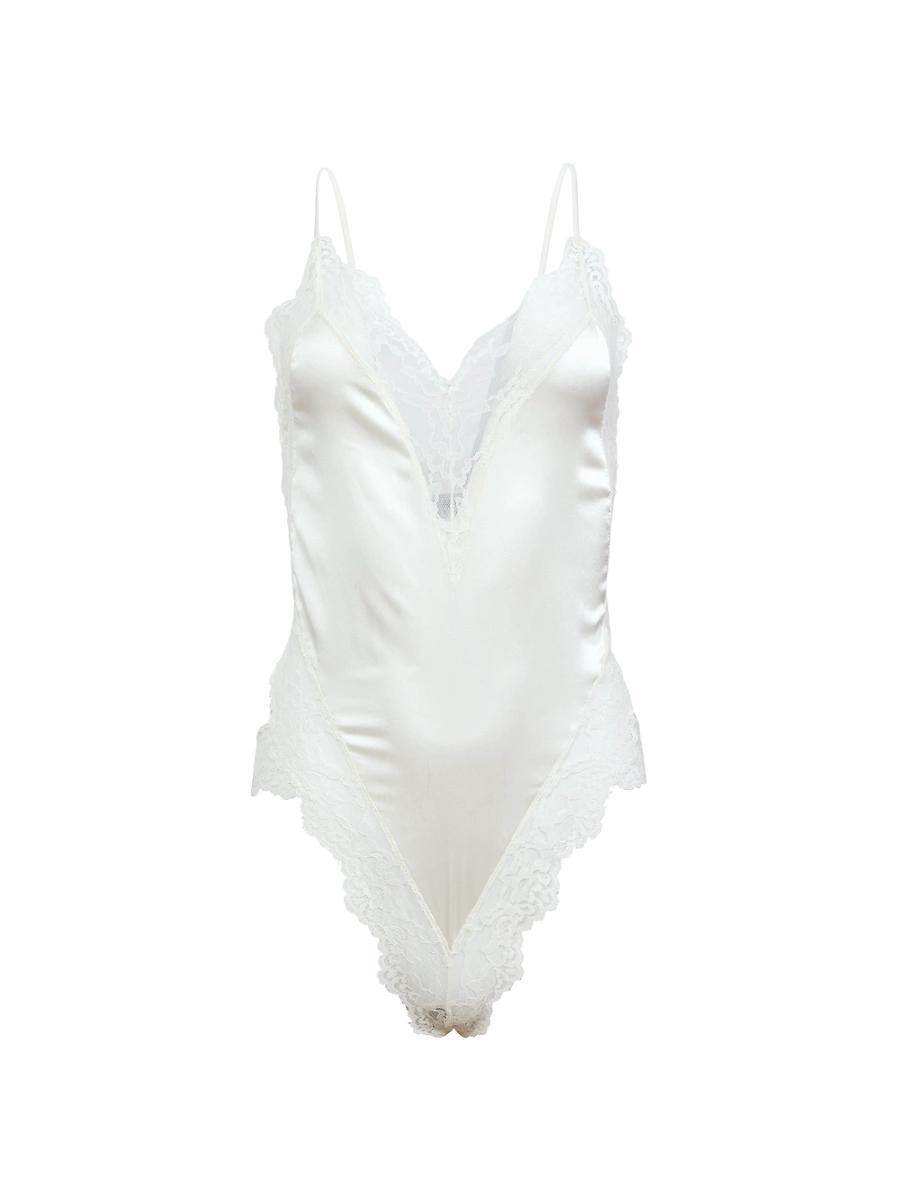 Fleur du Mal Venus Lace Trim Silk Thong Teddy Ivory XS Product Image