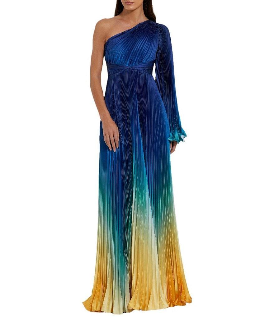 Mac Duggal Charmeuse Ombre Print One Shoulder Neck One Long Sleeve Pleated Gown Product Image