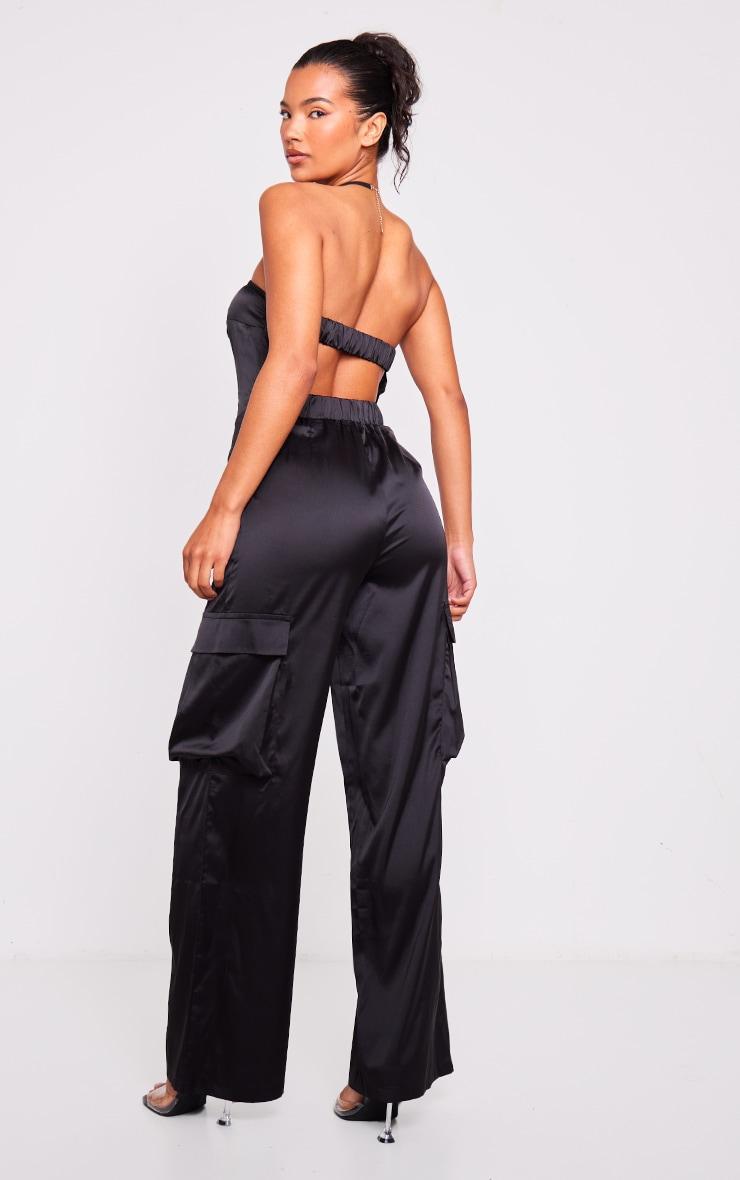 Black Satin Bandeau Cargo Flared Jumpsuit Product Image