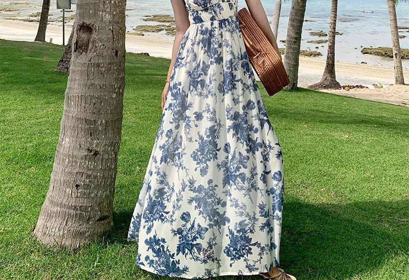 Sleeveless Square Neck Floral Maxi Sun Dress Product Image