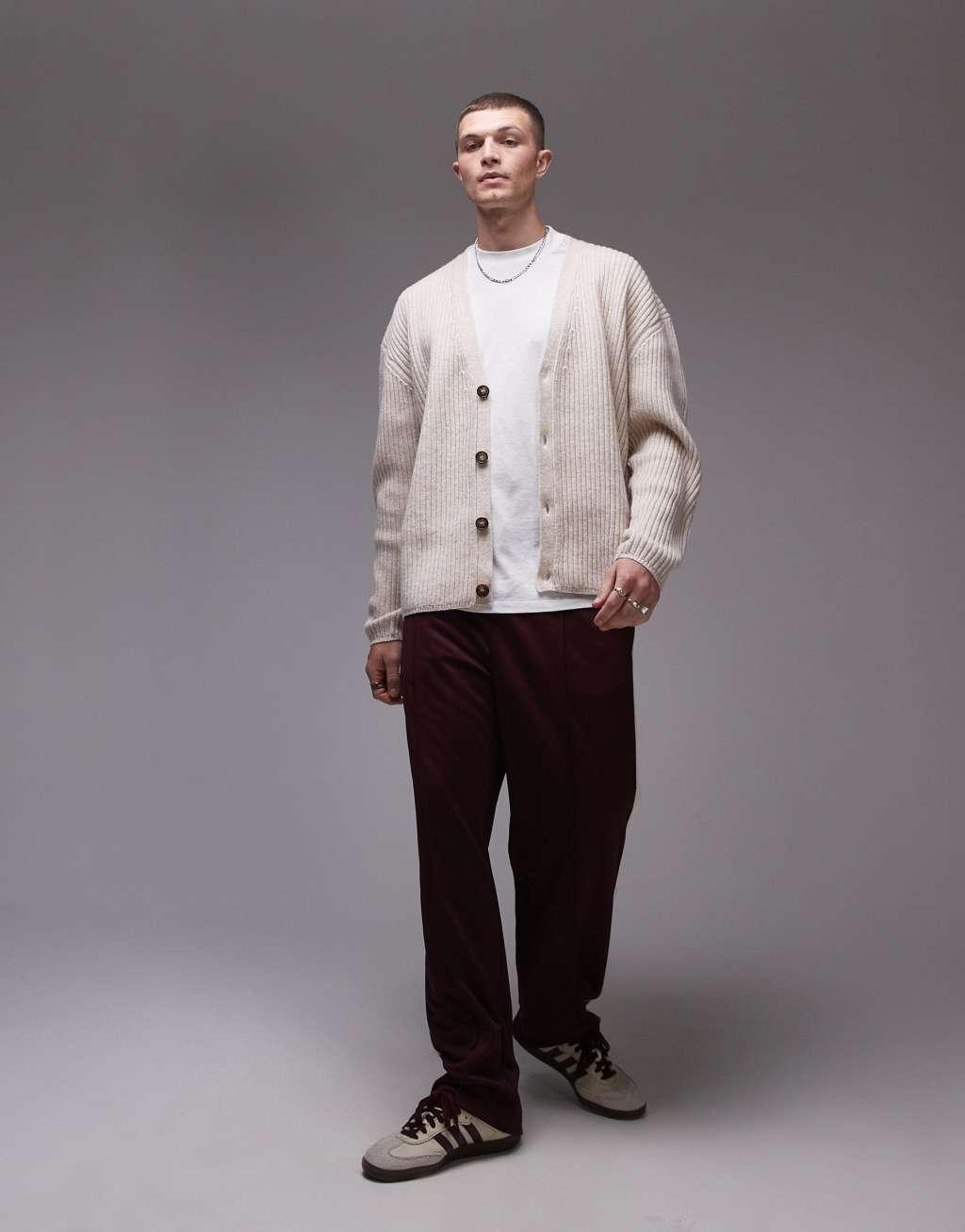 Topman premium lambs wool ribbed cardigan in stone Product Image