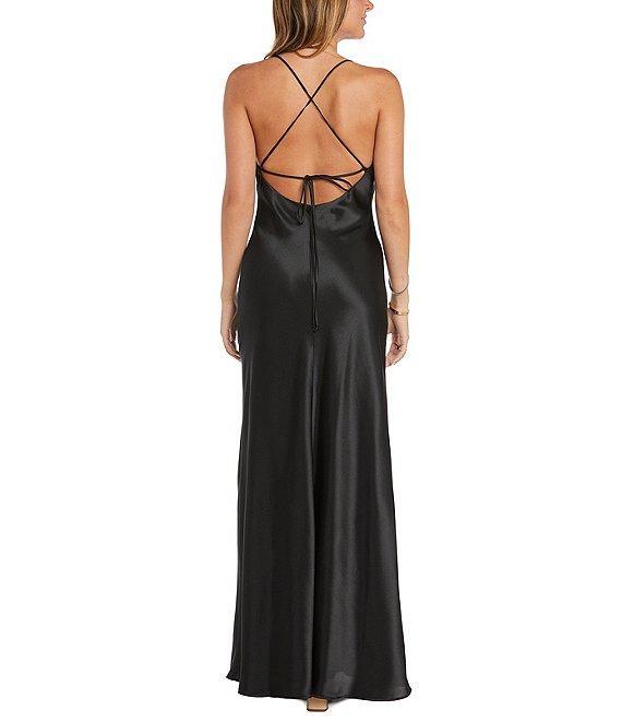 Morgan & Co. Sleeveless Long Spaghetti Strap Charmeuse Draped Front And X Back Long Dress Product Image