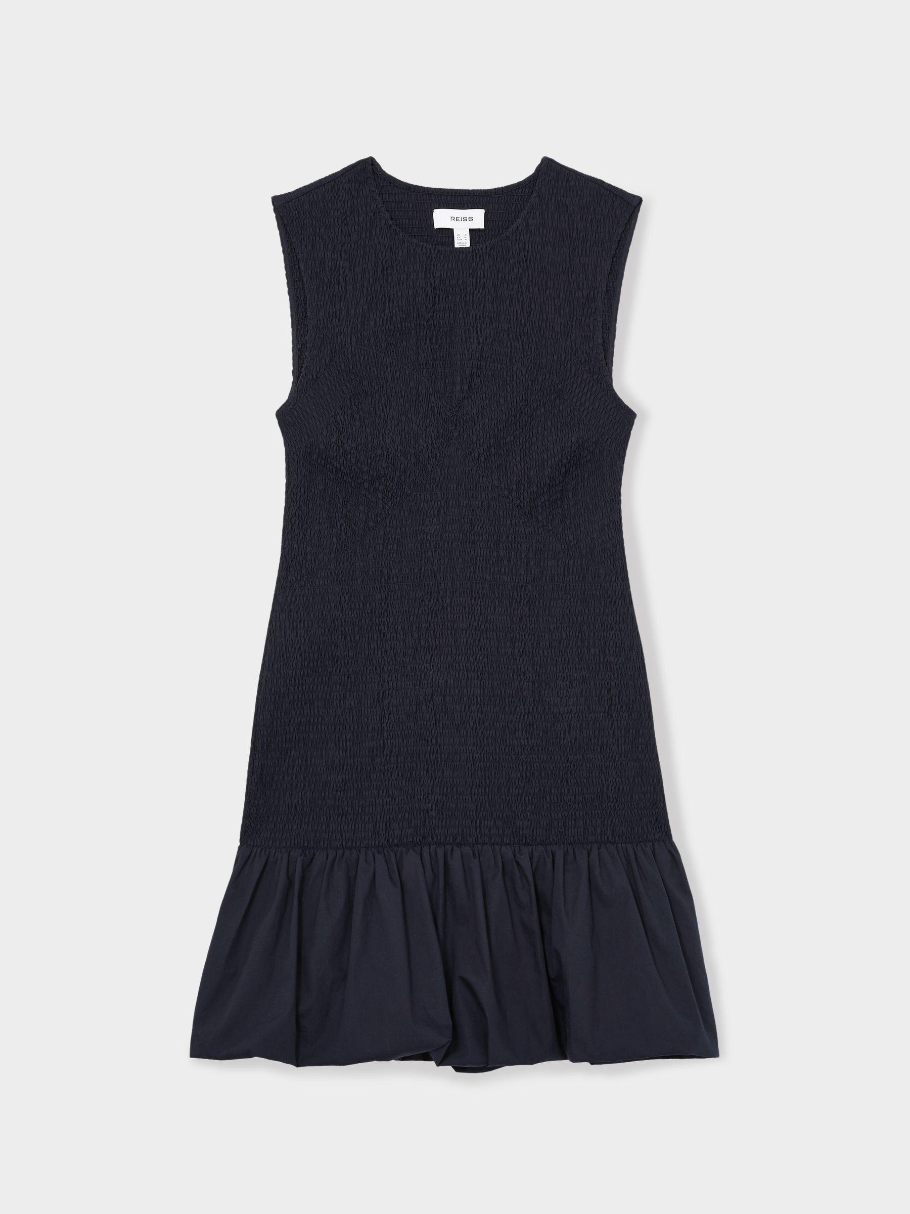 Cotton Shirred Bubble-Hem Mini Dress in Navy Product Image