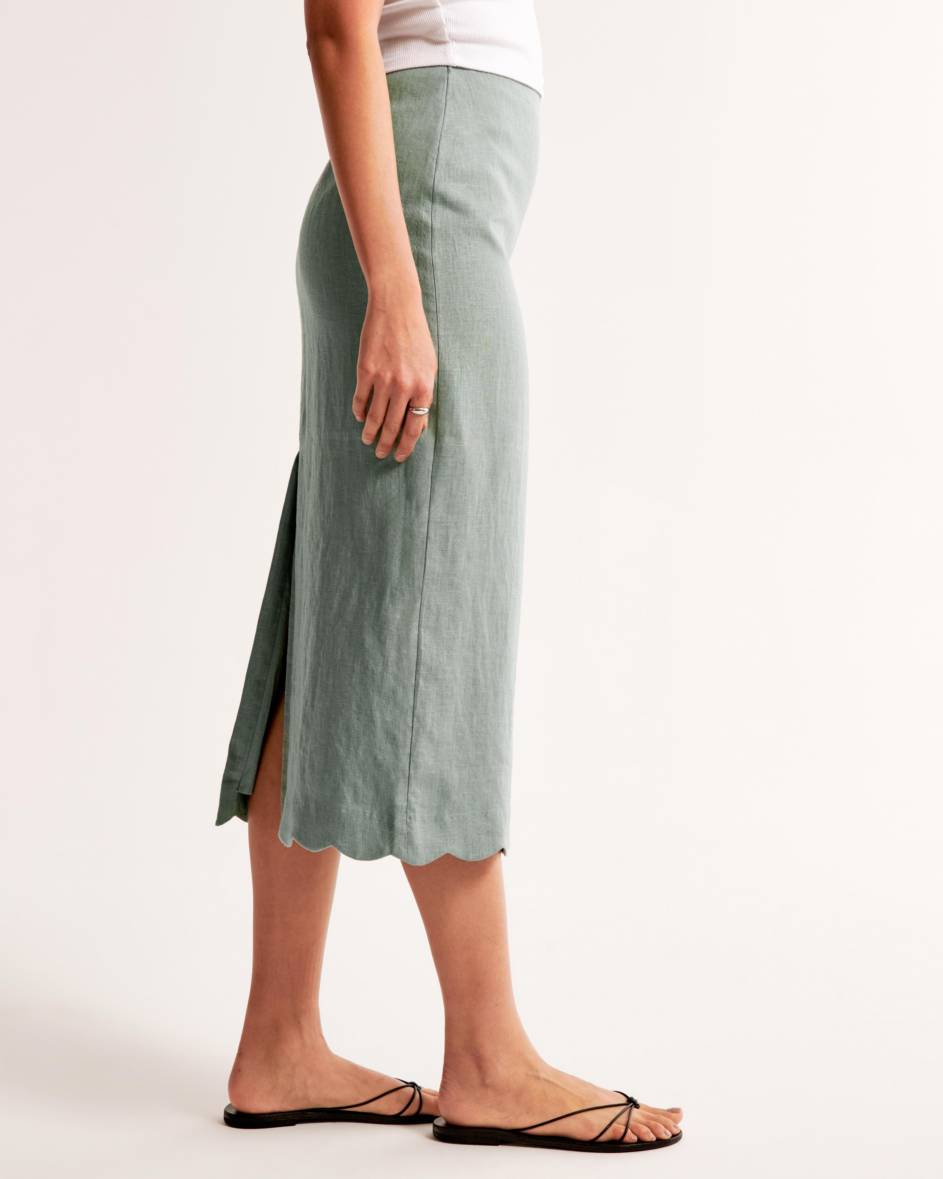 Premium Linen Scallop-Hem Midi Skirt Product Image