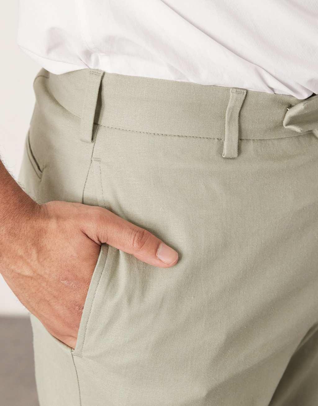 ASOS DESIGN smart tapered fit linen blend pants in sage green with turnups Product Image