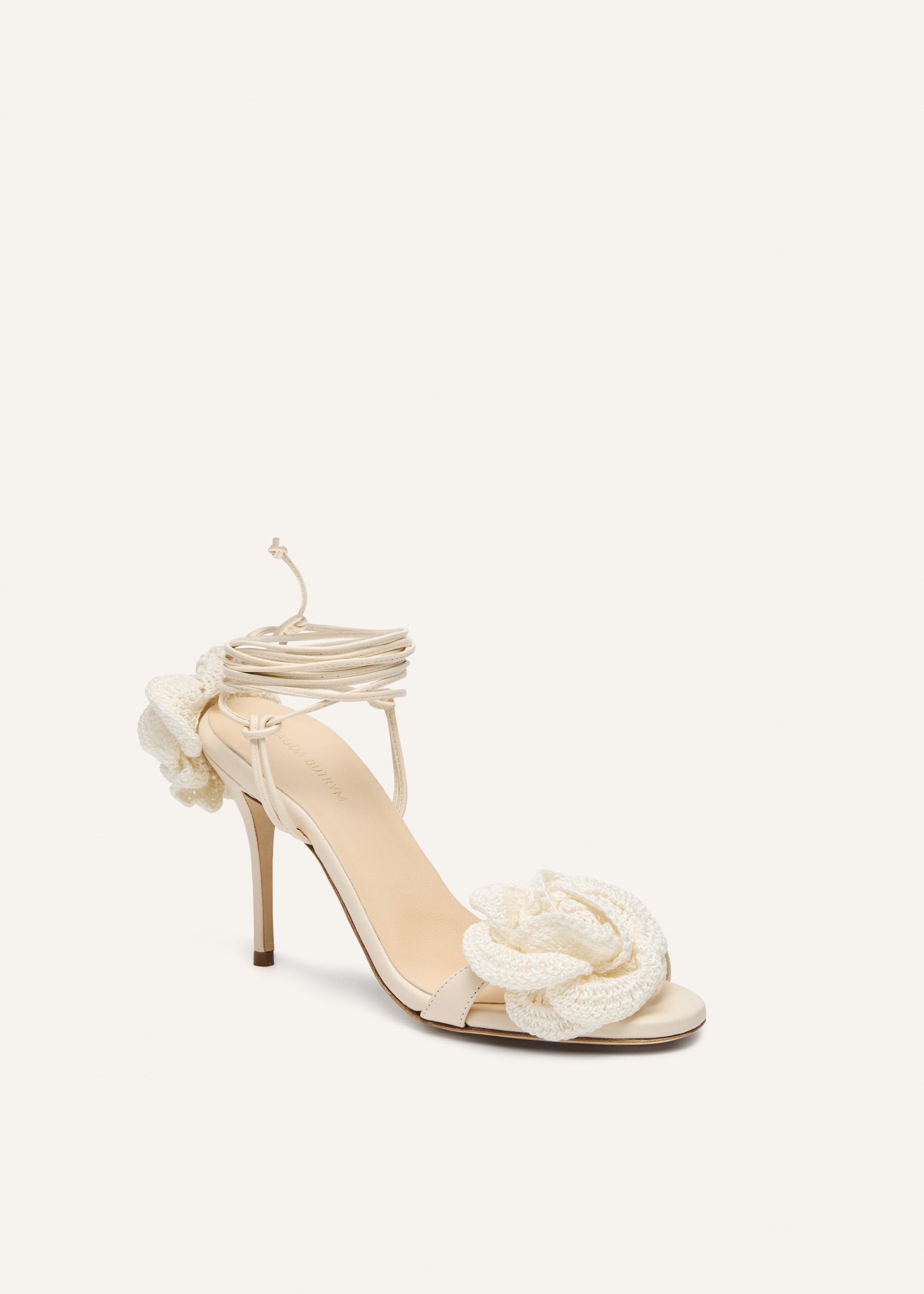 Leather flower sandals in cream Product Image