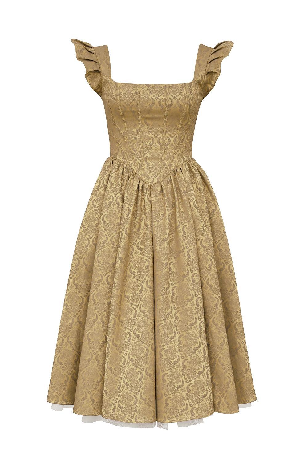 Alessandra Gold Jacquard Midi Dress with Detachable Bow Product Image