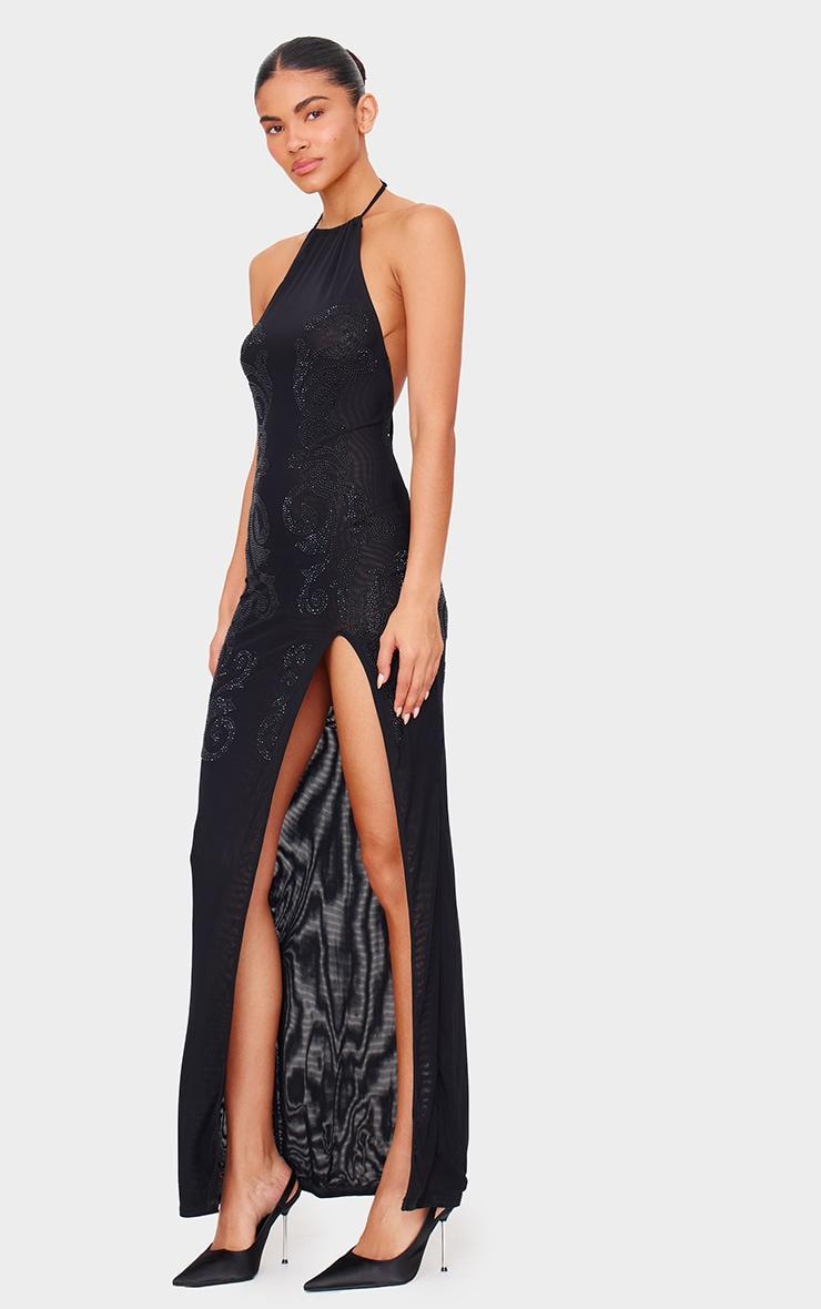 Black Lined Mesh Diamante Detail Split Maxi Dress Product Image