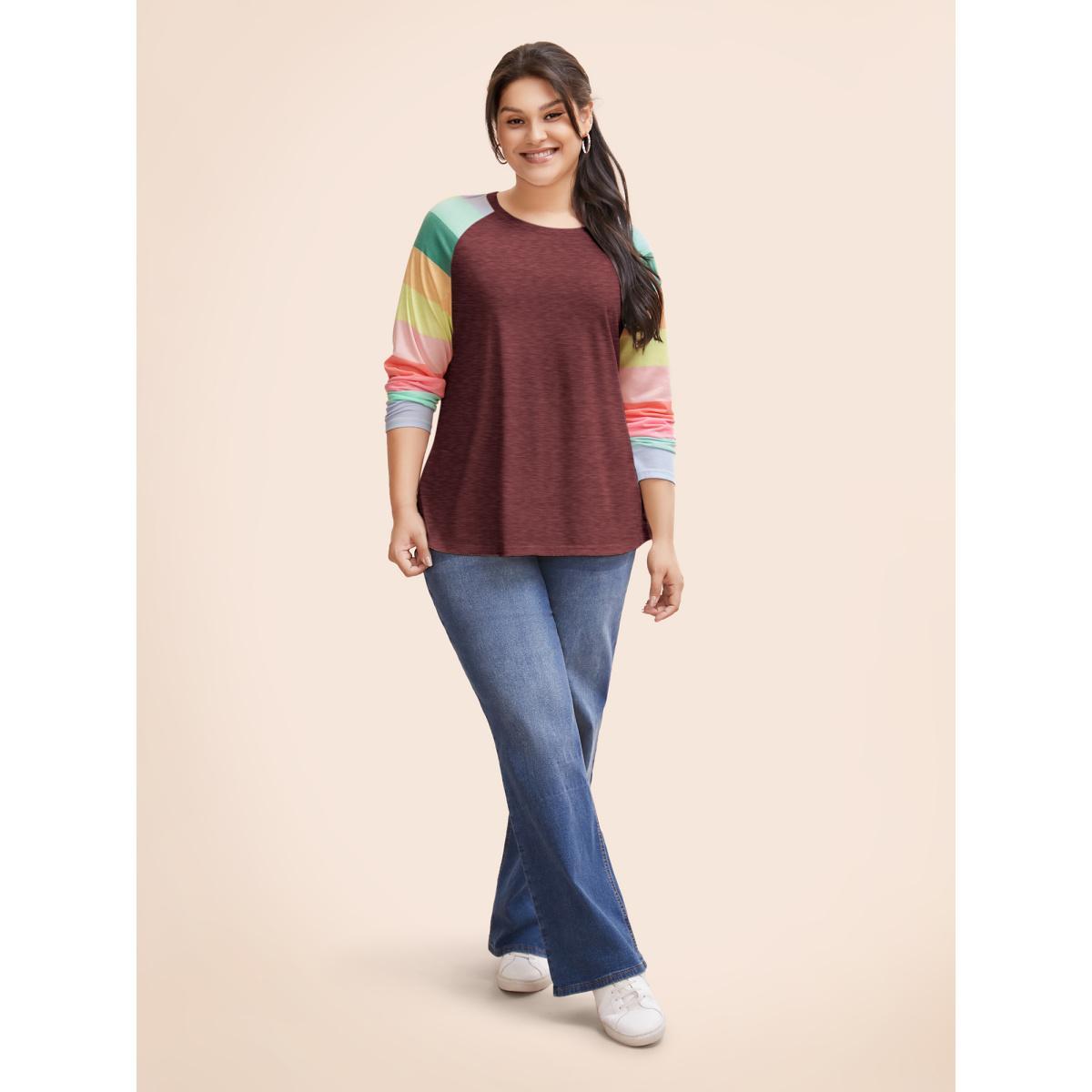 Plus Size Multi-color Striped Sleeves Loose Fit T-shirt Burgundy Women Casual Contrast Round Neck Everyday T-shirts BloomChic 10/M Product Image