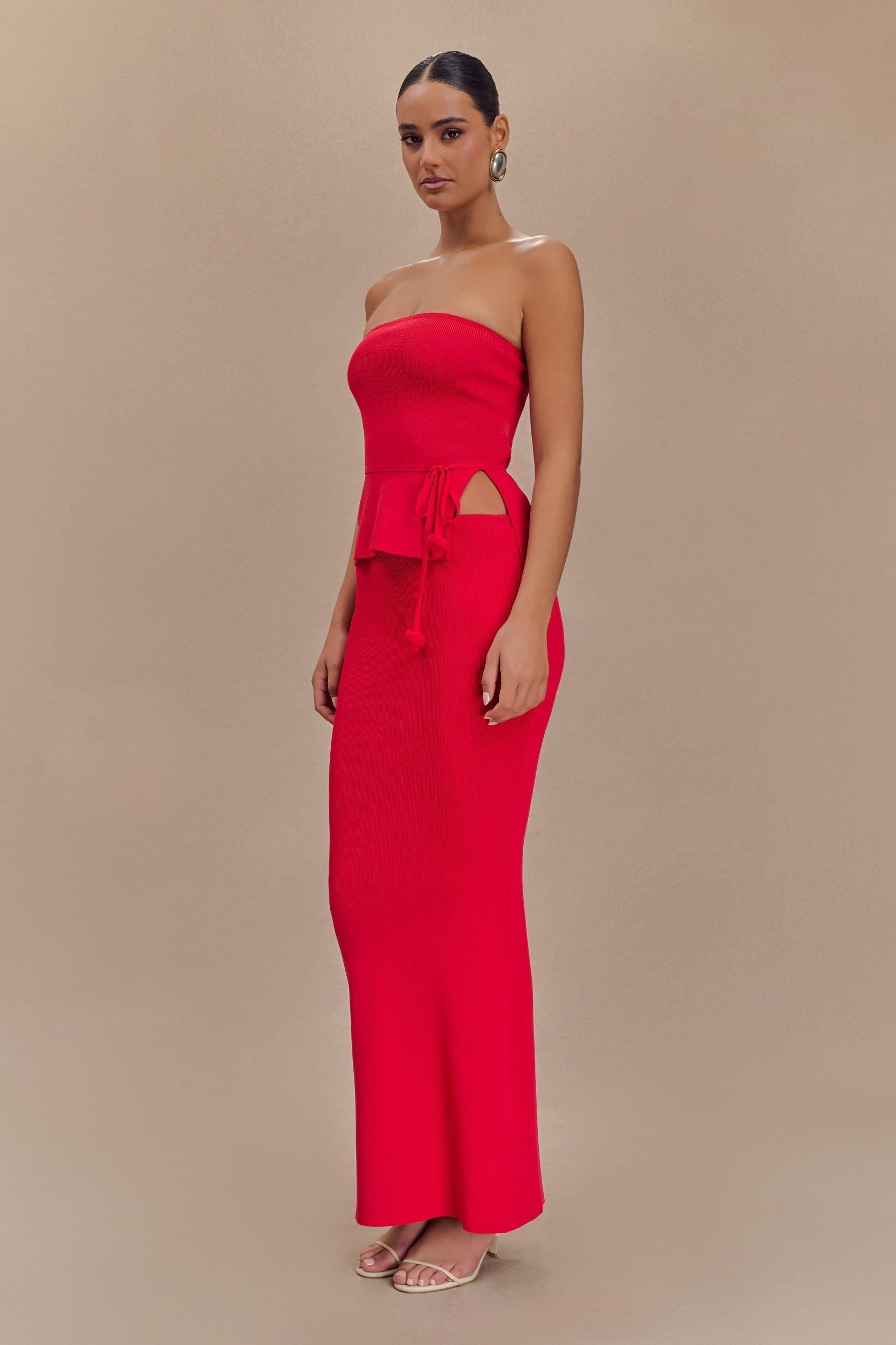 Keaton Fishtail Knit Maxi Skirt - Red Product Image
