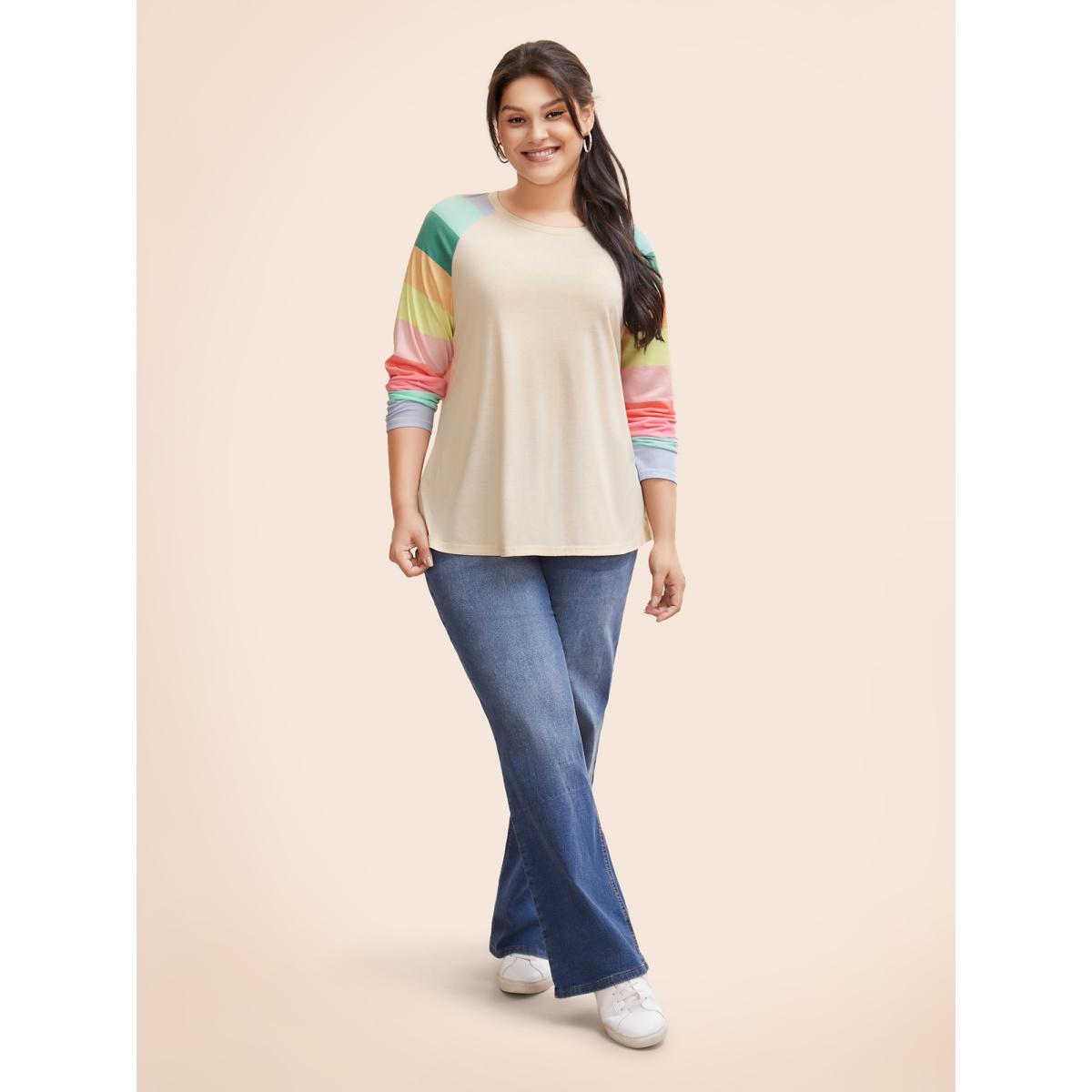Plus Size Multi-color Striped Sleeves Loose Fit T-shirt Beige Women Casual Contrast Round Neck Everyday T-shirts BloomChic 12/L Product Image
