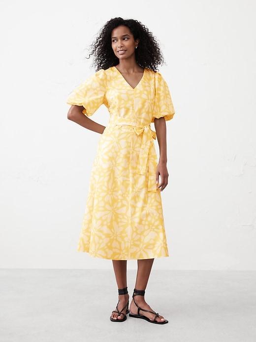 Puff-Sleeve Poplin Midi Dress Product Image