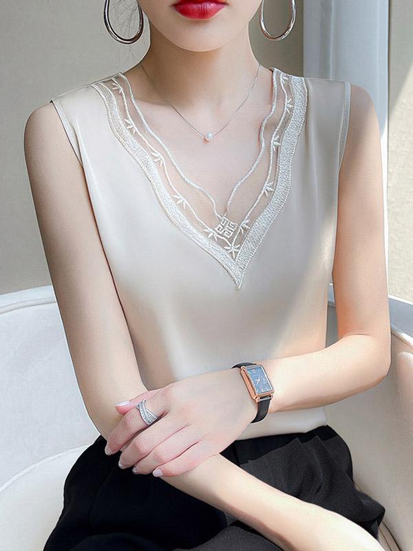 Loose Sleeveless Solid Color Split-Joint V-Neck Vest Top Product Image