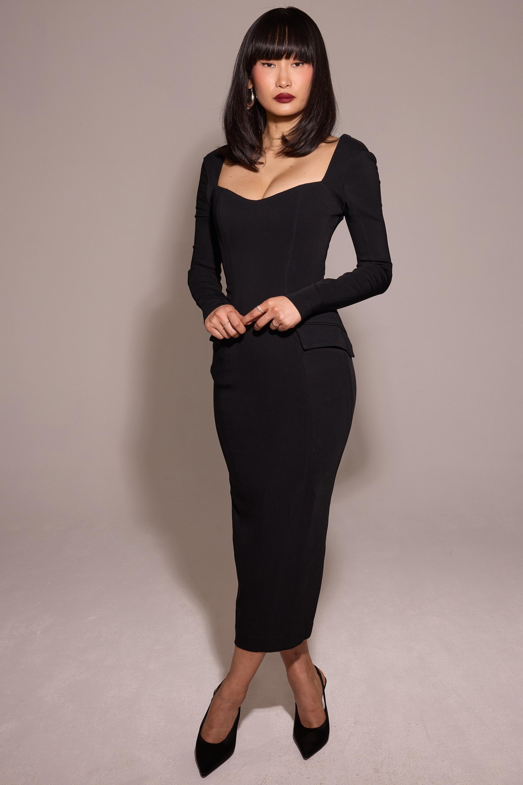 Ella Black Stretch Crepe Long Sleeve Midi Dress Product Image