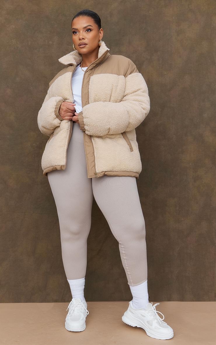 Plus Camel Borg Contrast Panelled Puffer Coat Product Image