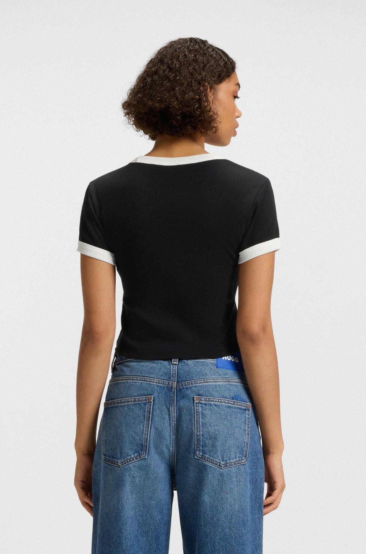 HUGO - Cropped ringer T-shirt in cotton with graphic print - Black Product Image