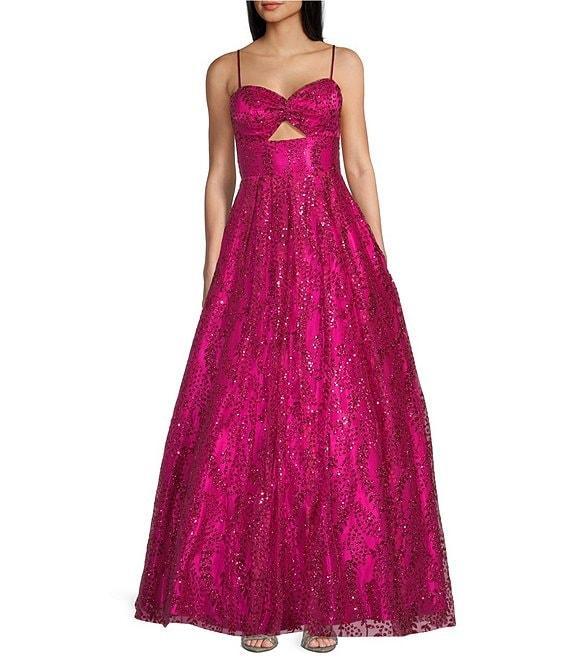 Blondie Nites Glitter Mesh Twist Front Cut Out Spaghetti Strap Tie Back Gown Product Image