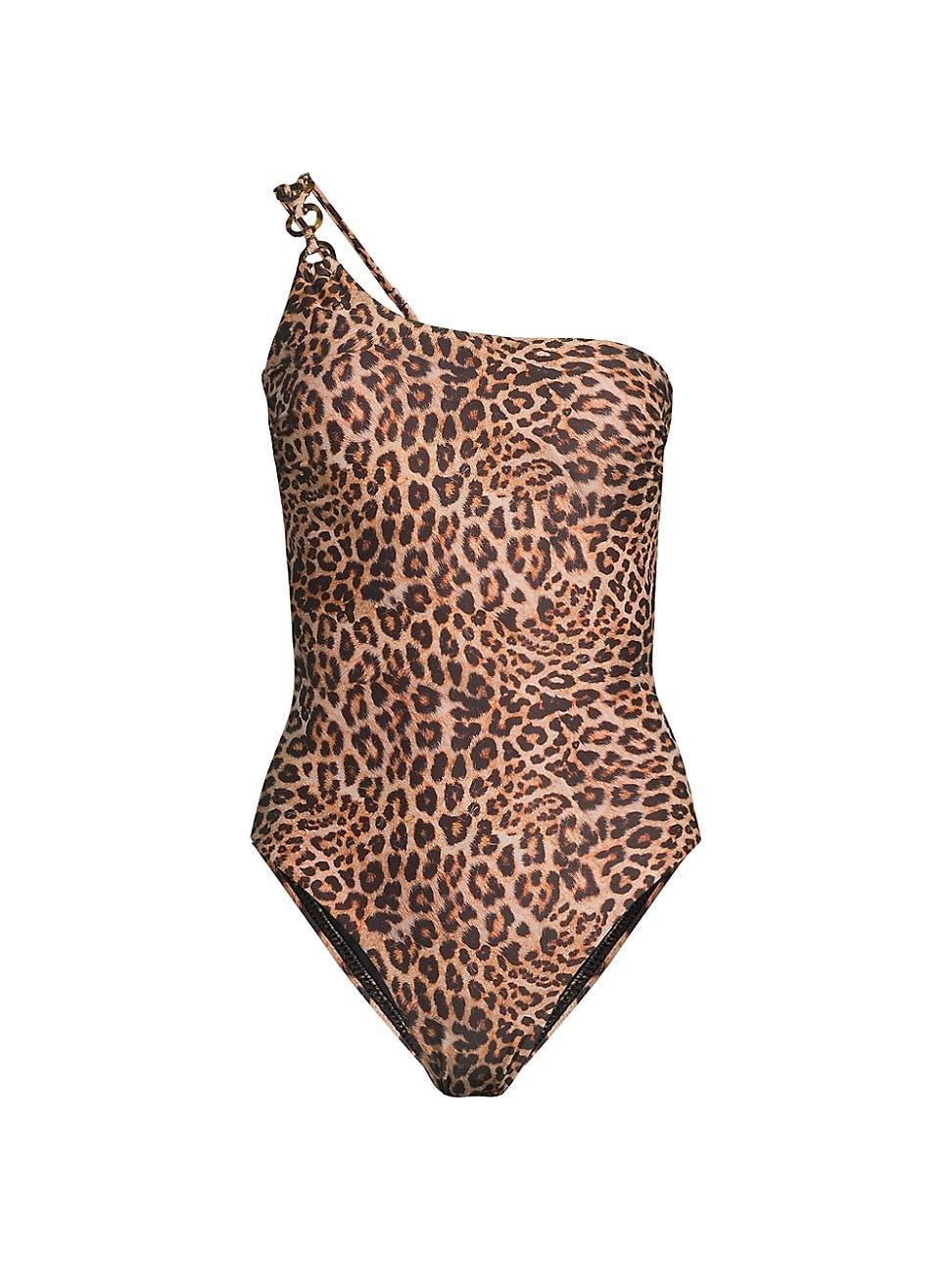 Womens Leopard One-Shoulder One-Piece Swimsuit - Product Image