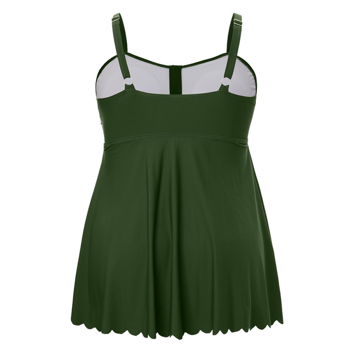 Plus Size Ruched Scalloped Trim Adjustable Straps Tankini Top Women's Swimwear ArmyGreen Vacation Adjustable Straps High stretch Bodycon Heart neckline Curve Swim Tops BloomChic 30/6X Product Image