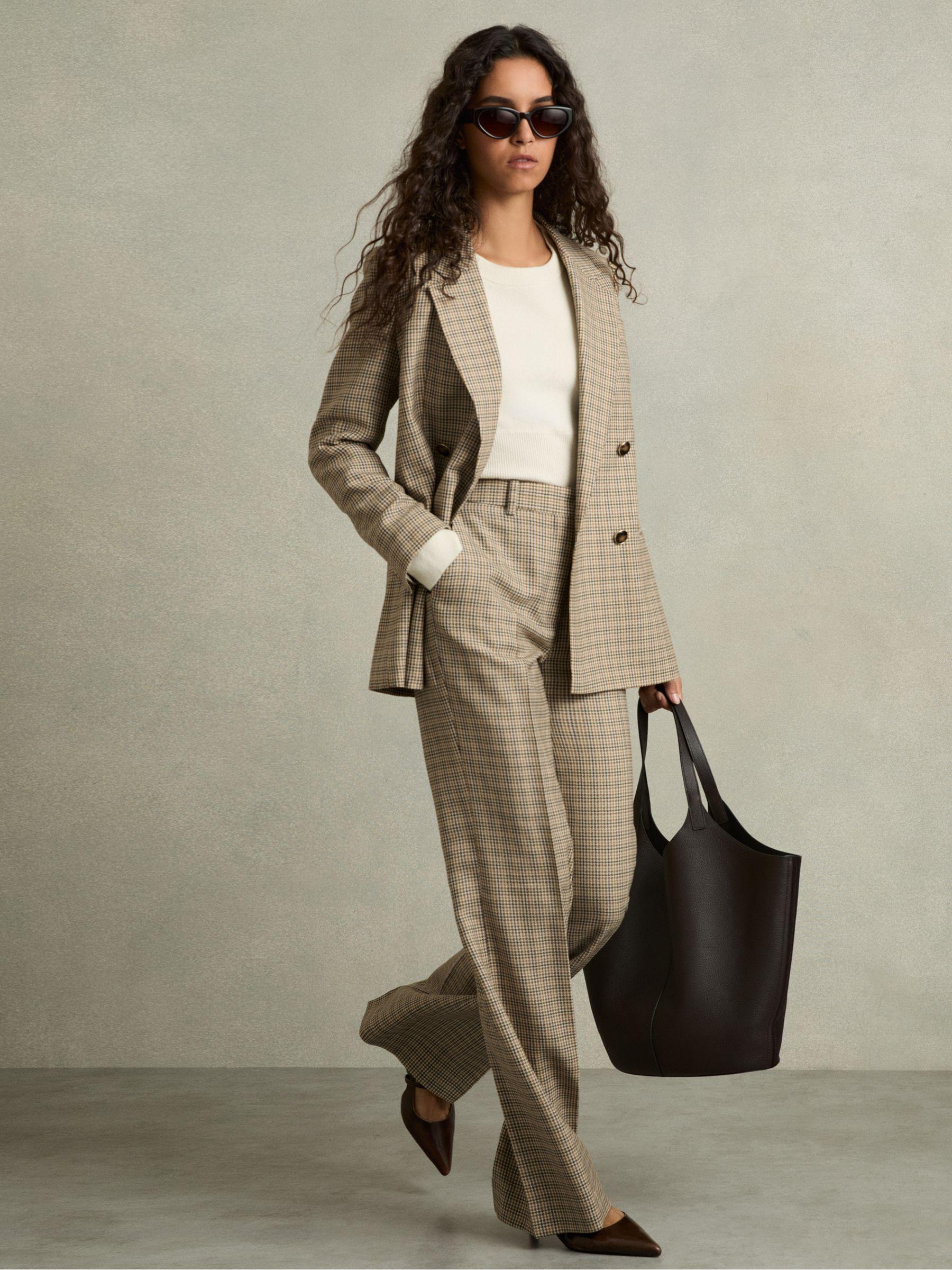 Petite Wool Wide-Leg Houndstooth-Check Trousers in Brown Check Product Image