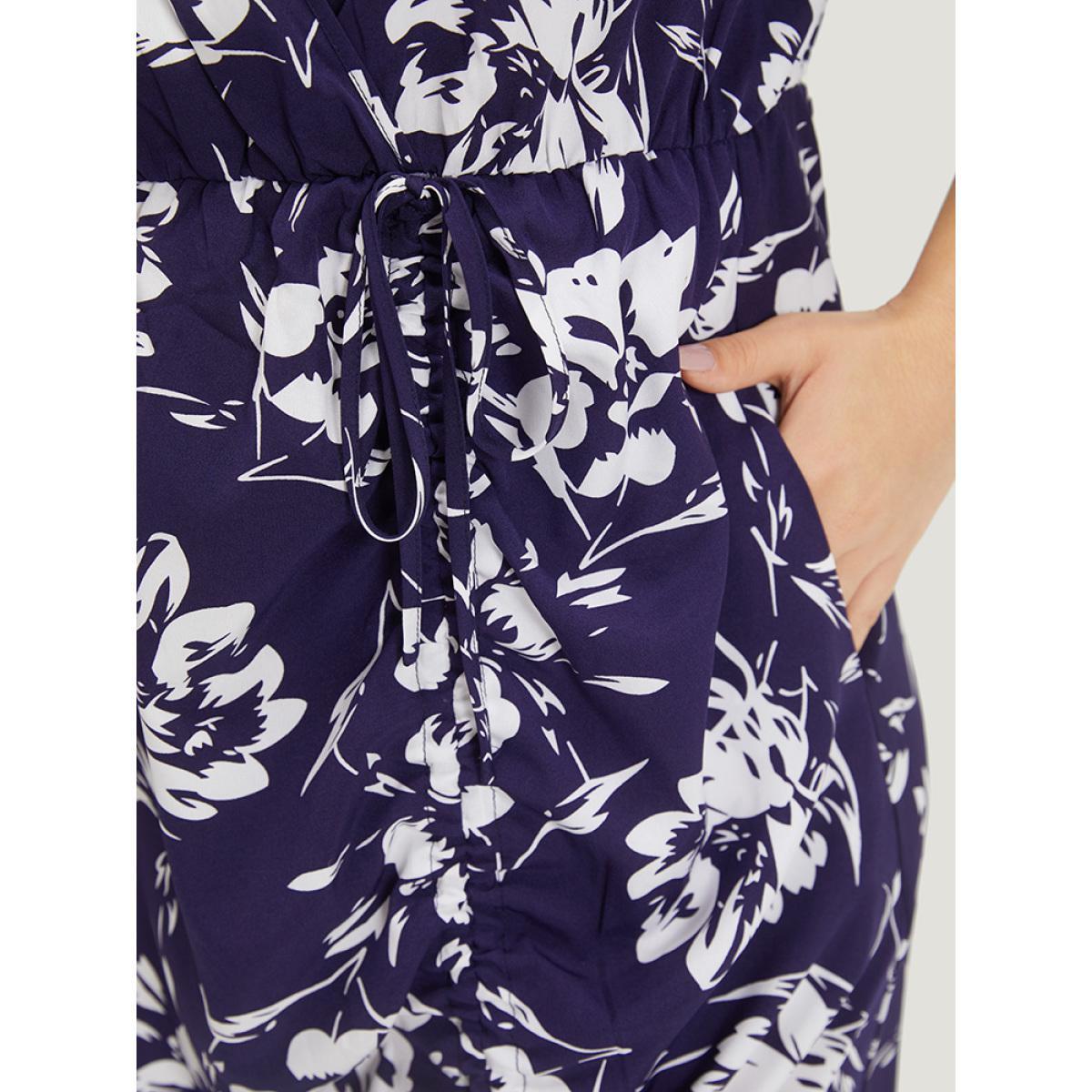 Plus Size Silhouette Floral Print Wrap Drawstring Split Hem Dress DarkBlue Women Elegant Elastic Waist V-neck Short sleeve Curvy Midi Dress BloomChic 10/M Product Image