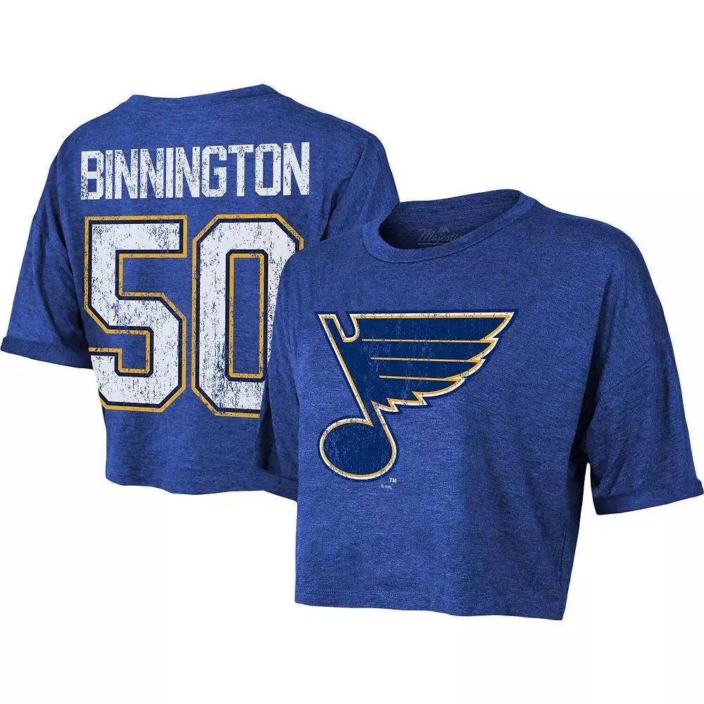 Women's Majestic ThreadsJordan Binnington Blue St. Louis Blues Boxy Crop Name & Number Cropped T-Shirt, Size: 2XL Product Image