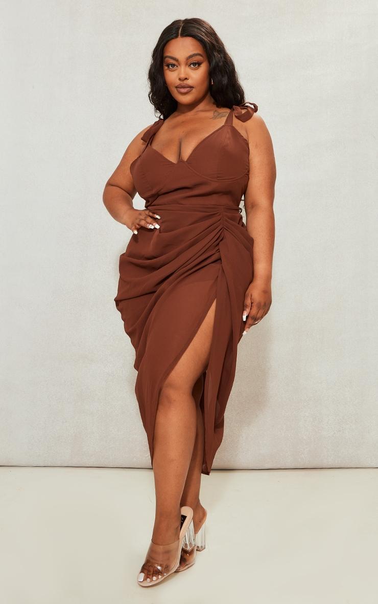 Plus Chocolate Underwire Detail Draped Midi Dress Product Image