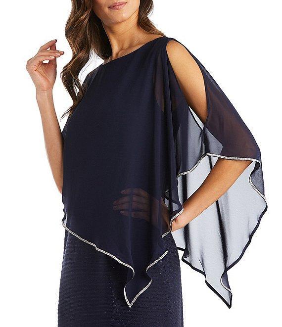 R & M Richards Crew Neck Short Sleeve Poncho Metallic Trim Overlay Popover Gown Product Image