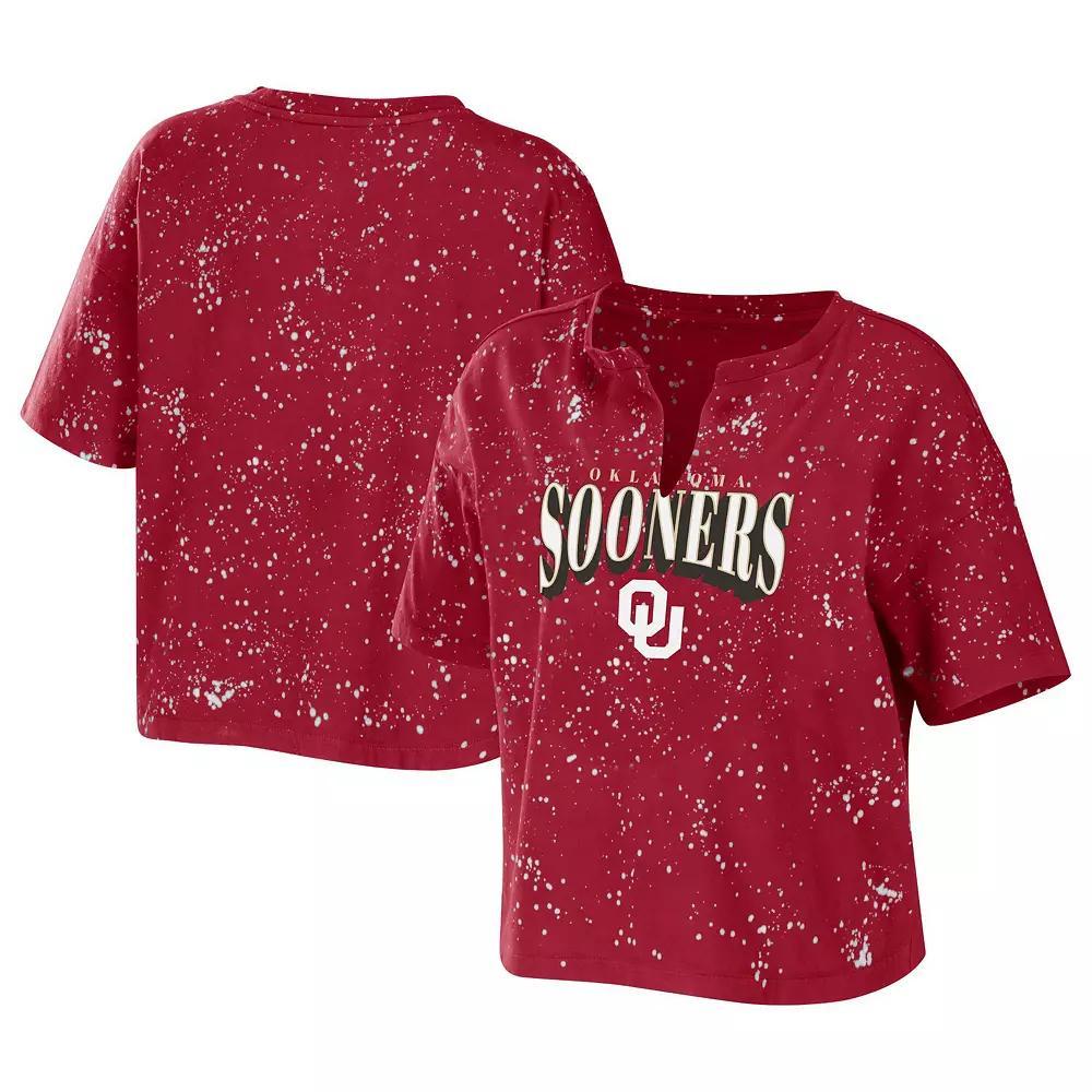 Women's WEAR by Erin Andrews Crimson Oklahoma Sooners Bleach Wash Splatter Cropped Notch Neck T-Shirt, Size: Large, Red Product Image