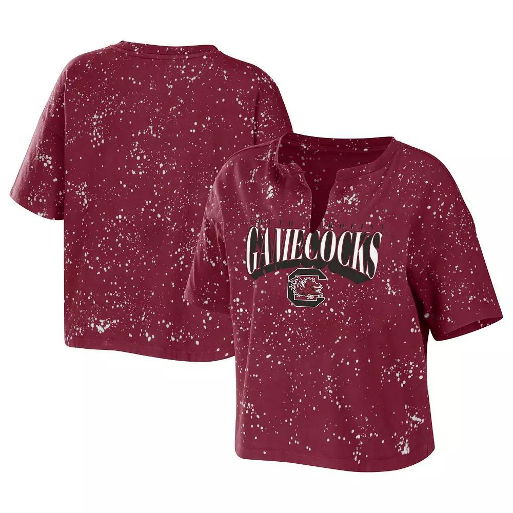 Women's WEAR by Erin Andrews Garnet South Carolina Gamecocks Bleach Wash Splatter Notch Neck T-Shirt,  Product Image