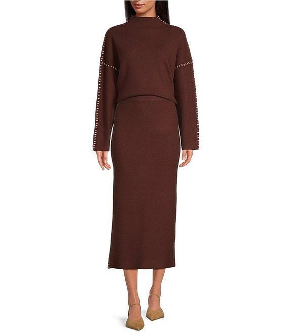 Skies Are Blue Knit Contrast Stitch Midi Skirt Product Image