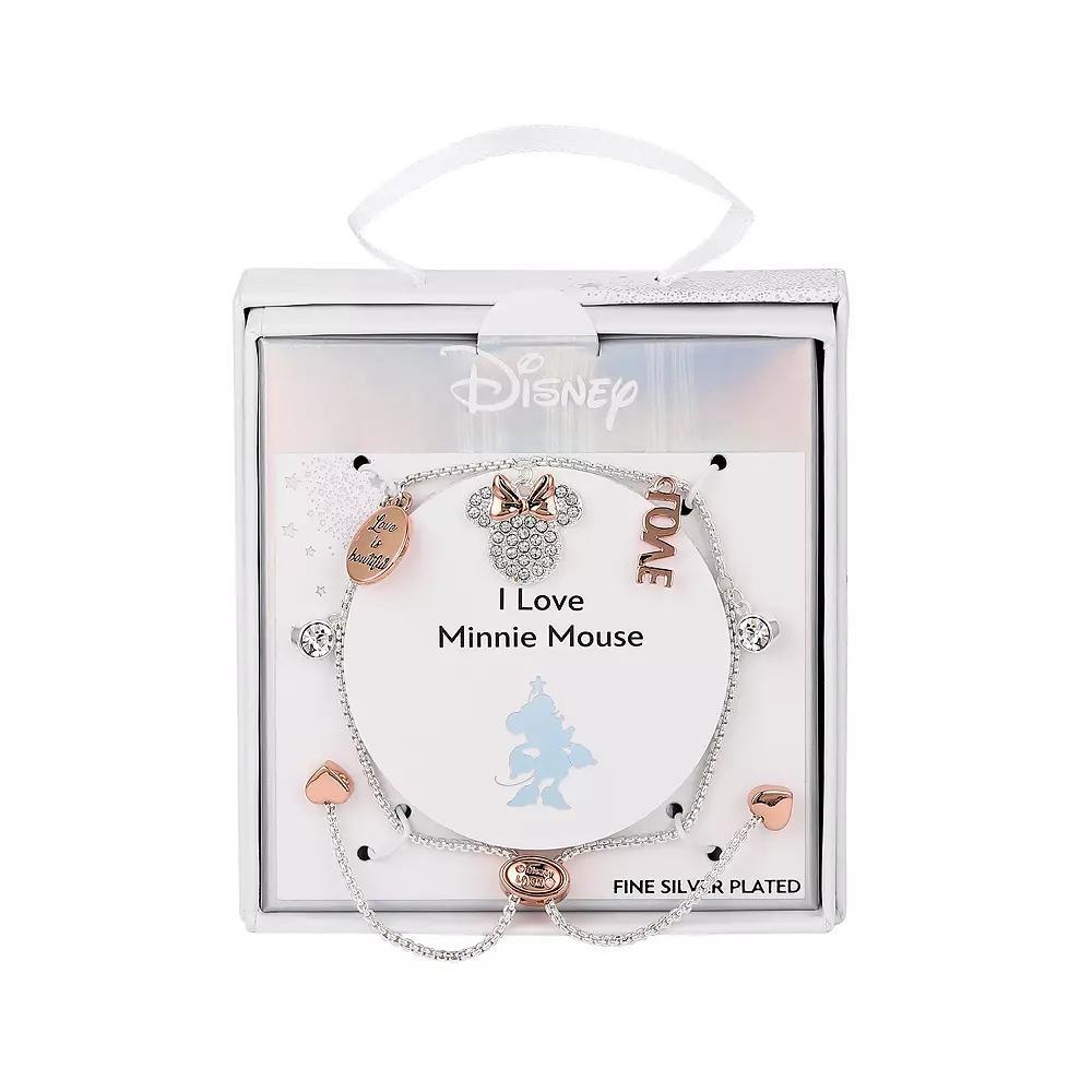 Disney's Minnie Mouse Fine Silver Plated Crystal Love is Bowtiful Charm Bolo Bracelet, Women's, Size: 5-9" ADJ Product Image