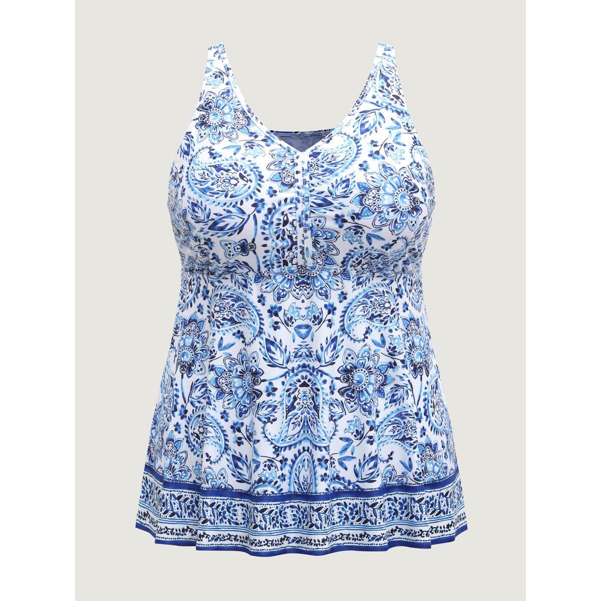 Plus Size Boho Print Fit and Flare Swim Top Women's Swimwear Skyblue Resort High stretch Bodycon V-neck Curve Swim Tops BloomChic 12/L Product Image