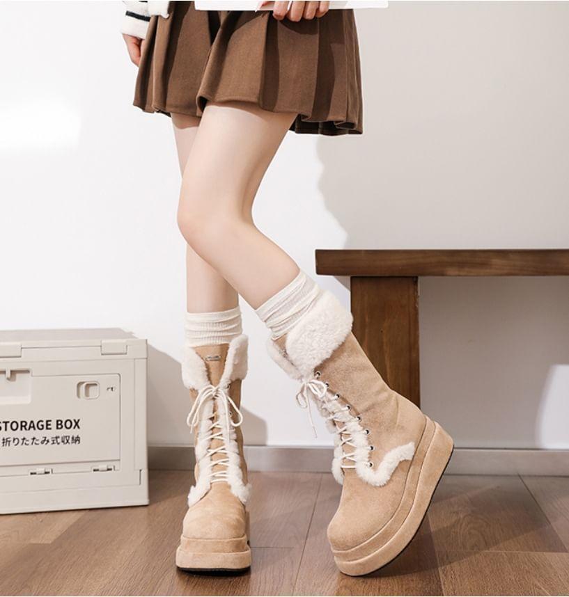 Lace-Up Fleece-Lined Platform Mid-Calf Boots Product Image