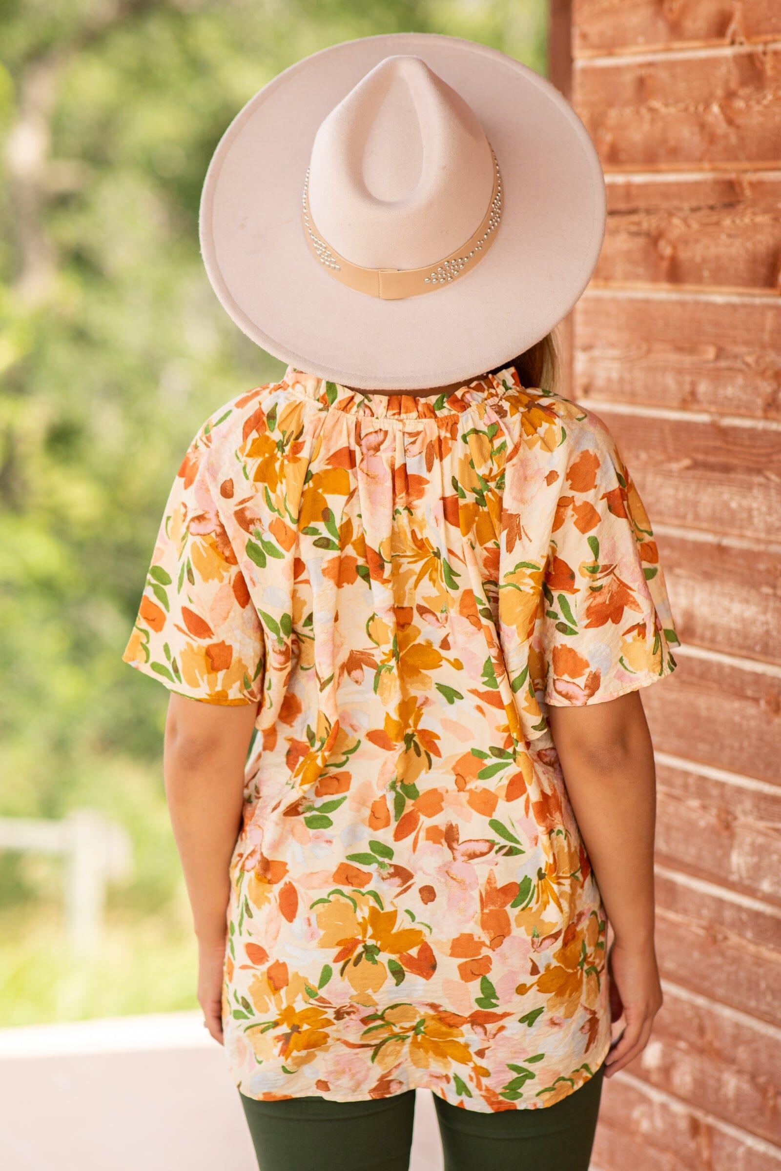 Orange Multicolor Floral Print Notch Neck Top Product Image