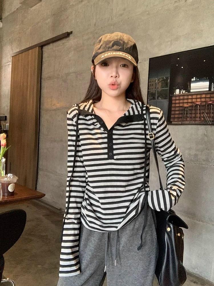 Long-Sleeve Henley Striped Hooded Tee Product Image