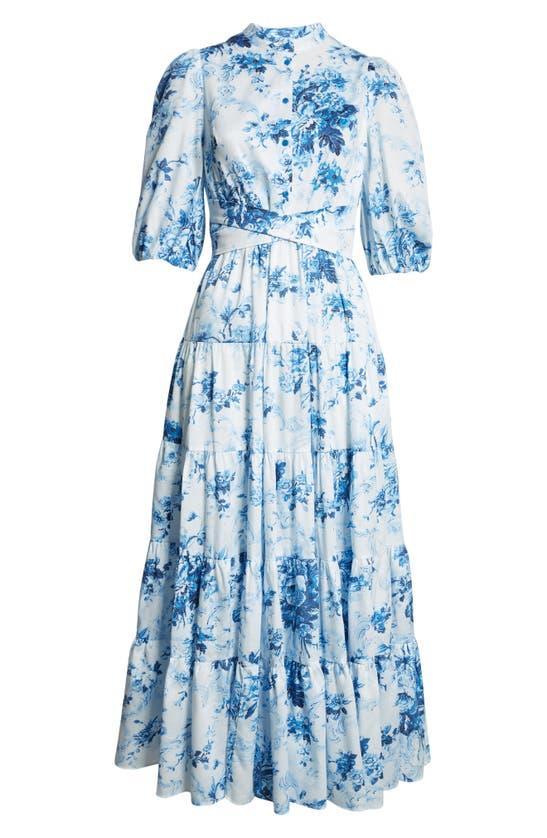 Floral Print Tiered Dress In Antique Print Blue Product Image