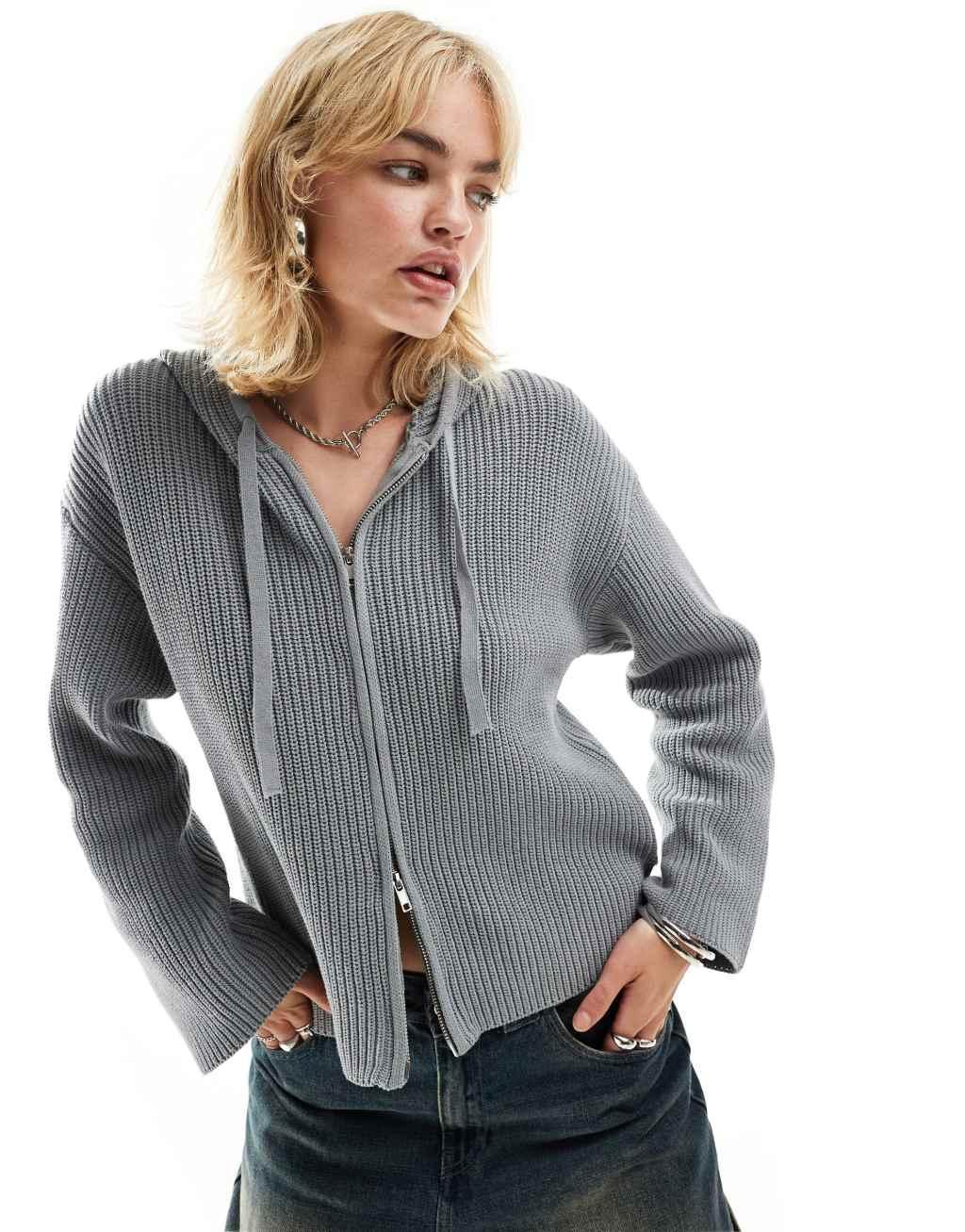 Monki rib knit hoodie zip up cardigan in heather gray Product Image